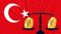 Gold coin of Bitcoin BTC and Turkish lira TRY on scales and colored flag of Turkey on background. Central Bank of Turkey adopts Royalty Free Stock Photo