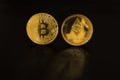 Gold coin bitcoin and Ethereum isolated on black background