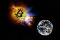 Gold coin of bitcoin falls to the ground from space.