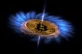 Gold coin of bitcoin is flying in space. New technologies, new values. Royalty Free Stock Photo