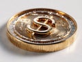 Gold coin with Bitcoin logo, reflective surface, textured like traditional coins, plain background, soft lighting, front and back Royalty Free Stock Photo