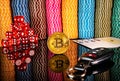 Gold coin bitcoin, red dice, cards and car keys on the background of colorful casino chips. Set for playing poker Royalty Free Stock Photo