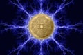 Gold coin cardano cryptocurrency physical concept on a dark background with lightning around. 3D rendering