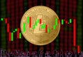 Gold coin Cryptocurrency Ethereum Round on a background of blurry numbers and a candlestick chart. Silhouettes of office workers Royalty Free Stock Photo