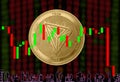 Gold coin Cryptocurrency Tron Round on a background of blurry numbers and a candlestick chart. Silhouettes of office workers Royalty Free Stock Photo