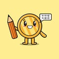 Gold coin cute cartoon clever student with pencil Royalty Free Stock Photo