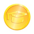 Gold coin Education vector concept. Graduation cap metal icon. Symbol achievement illustration sign isolated on white Royalty Free Stock Photo