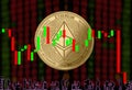 Gold Coin Ethereum Cryptocurrency Round on a background of blurry numbers and a candlestick chart. Silhouettes of office workers