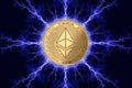 Gold coin etherium cryptocurrency physical concept on a dark background with lightning around. 3D rendering