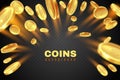 Gold coin explosion. Golden dollar coins rain. Game prize money splash. Casino jackpot vector concept isolated on black