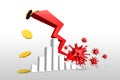 The gold coin is falling from the red arrow Represents a slump in the economy because of COVID-19.3D.