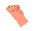 Gold coin in fingers. Hand with money. Thumb and forefinger with change to toss icon. Savings, bonuses, financial help