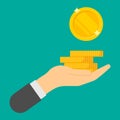 Gold coin in hand businessman. Giving, receiving take money. Concept of charity, donate. Vector illustration