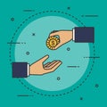 Gold coin in hand businessman isometric design. Concept of charity, donate. Vector image.