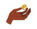 Gold coin in hand. Dollar in fingers. Cash money, american currency. Cashback, financial interest, profit, finance
