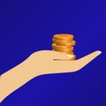 Fun Gold coin in hand. Vector illustration flat design Royalty Free Stock Photo