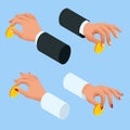 Gold coin in hands businessman and woman isometric design. Hands holding money, money payment, investment concept.