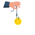 Gold coin on hook. Dollar bait. Money trap concept Royalty Free Stock Photo