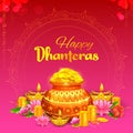 Gold coin in pot for Dhanteras celebration on Happy Dussehra light festival of India background Royalty Free Stock Photo