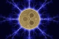 Gold coin ripple cryptocurrency physical concept on a dark background with lightning around. 3D rendering