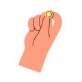 Gold coin squeezed between fingers icon. Hand holding abstract golden dollar cent, money change. Financial bonus