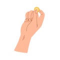 Gold coin squeezed in fingers icon. Hand holding gold cash, money, dollar. Finance help, charity, bonus and donation Royalty Free Stock Photo