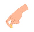 Gold coin squeezed between fingers and scratching. Hand holding cash money, penny. Contributor sponsor giving financial Royalty Free Stock Photo