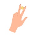 Gold coin squeezed between two fingers icon. Hand holding dollar cent, penny, change. Finance bonus, cashback, financial