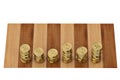 Gold coin stack on wood and white background.3D illustration. Royalty Free Stock Photo