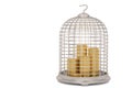 Gold coin stacks with bird cage isolated on white background 3D illustration Royalty Free Stock Photo