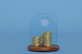 Gold coin stacks in glass bell with wooden base on blue background.3D illustration Royalty Free Stock Photo