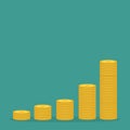 Gold coin stacks icon in shape of diagram. Dollar sign symbol. Cash money. Going up graph. Income and profits. Growing business co Royalty Free Stock Photo