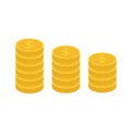 Gold coin stacks icon in shape of diagram. Dollar sign symbol. Cash money. Growing business concept. Going down graph. Income and Royalty Free Stock Photo