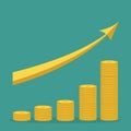 Gold coin stacks icon in shape of diagram. Golden up arrow. Dollar sign symbol. Cash money. Going up graph. Income and profits. Gr Royalty Free Stock Photo