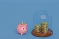 Gold coin stacks and piggy bank with glass bell on blue background.3D illustration Royalty Free Stock Photo