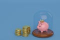 Gold coin stacks and piggy bank with glass bell on blue background.3D illustration Royalty Free Stock Photo