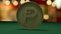 Gold coin with the symbol of the digital crypt of currency Potcoin stands on a green cloth, on a background of a holiday. Royalty Free Stock Photo