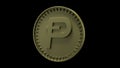 Gold coin with the symbol of Potcoin digital crypto currency and binary code stands on the edge, isolated on a black background, 3