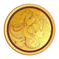 Gold coin with woman`s portrait. Modern print for clothes and fabric. Medallion with fairies head in fairy tale environment.
