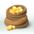 Gold coins bag. Golden coin wealth, big cash sack and money bonus 3D realistic vector illustration Royalty Free Stock Photo