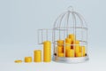 Gold coins bait for a trap. Money scam. Stacks of golden coins in a cage. 3d render