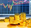 Gold coins, gold bars, sorting, concept, saving, education, gold investment  Forex trading, stock table background blur Royalty Free Stock Photo