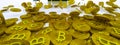 Gold coins with bitcoin symbol are pouring out of a 3D model of a video card on a white background. the concept of mining