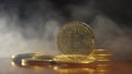 Gold coins, bitkoyny on the background of a smokescreen in the light of safitov. close-up. Crypto currency. Virtual