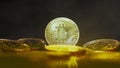 Gold coins, bitkoyny on the background of a smokescreen in the light of safitov. close-up. Crypto currency. Virtual