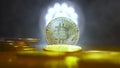 Gold coins, bitkoyny on the background of a smokescreen in the light of safitov. close-up. Crypto currency. Virtual