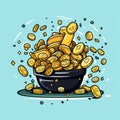 gold coins in a black bowl with confetti and coins on a blue background Royalty Free Stock Photo