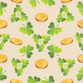 Gold coins and clover leaves. Royalty Free Stock Photo