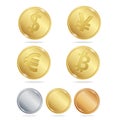 Gold Coins Dollar Euro Bitcoin Yuan Set. Vector