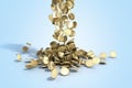 Gold coins with dollar sign fall on graund 3d illustration on a blue background Royalty Free Stock Photo